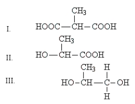 Indicate which of the following monomers is(are)  used to produce the polymer     A)  III only B)  II and III C)  I only D)  II only E)  I and III 