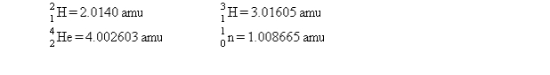 One of the hopes for solving the world's energy problem is to make use of the fusion reaction   How much energy is released when 1 mol of deuterium is fused with 1 mol of tritium according to the above reaction? The masses of the atoms and the neutrons are as follows:   The speed of light is 2.9979 <font face= symbol ></font> 10<sup>8</sup> m/s. A)  1.69 <font face= symbol ></font> 10<sup>12</sup> J B)  5.63 <font face= symbol ></font> 10<sup>8</sup> J C)  8.44 <font face= symbol ></font> 10<sup>11</sup> J D)  7.84 <font face= symbol ></font> 10<sup>44</sup> J E)  56.3 J 