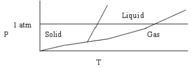 Choose the correct statement about the diagram below.   A)  The diagram could represent the phase diagram of CO<sub>2</sub>. B)  The diagram shows the triple point above 1 atm pressure. C)  The diagram is qualitatively correct for water. D)  The diagram shows that the melting point of the solid increases with increasing pressure. E)  None of these statements is correct. 