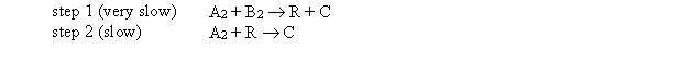  The following questions refer to the reaction 2A<sub>2</sub> + B<sub>2</sub> \rightarrow  2C. The mechanism below has been proposed:   -Which step(s)  is(are)  rate-determining? A)  a step that is intermediate between step 1 and step 2 B)  both steps C)  step 2 D)  step 1 E)  none of these  