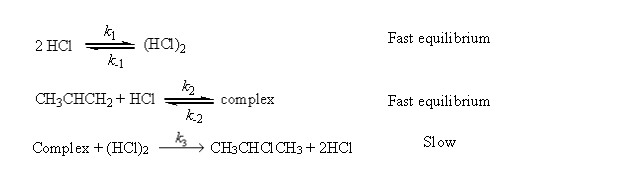  For the reaction CH<sub>3</sub>CHCH<sub>2</sub>(g) + HCl(g)  \rightarrow  CH<sub>3</sub>CHClCH<sub>3</sub>(g) a possible mechanism is   Derive the rate law for this reaction using this mechanism. 
