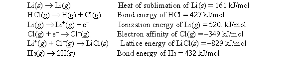  Given the following information:   calculate the net change in energy for the reaction 2Li(s)  + 2HCl(g)   \rightarrow 2LiCl(s)  + H<sub>2</sub>(g)  A)  -179 kJ B)  362 kJ C)  -70. kJ D)  -572 kJ E)  None of these  