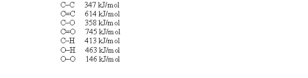  Given the following bond energies:   estimate  \Delta H for the reaction H<sub>2</sub>O<sub>2</sub> + CH<sub>3</sub>OH  \rightarrow H<sub>2</sub>CO + 2H<sub>2</sub>O. A)  -145 kJ B)  +291 kJ C)  -291 kJ D)  +145 kJ E)  -287 kJ  