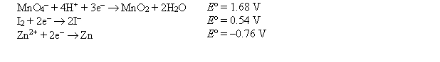 Which of the following is the strongest oxidizing agent?   A)  Zn<sup>2+</sup> B)  I<sub>2</sub> C)  MnO<sub>4</sub><sup>-</sup> D)  Zn E)  MnO<sub>2</sub> 