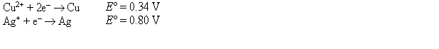 <strong>Consider an electrochemical cell with a copper electrode immersed in 1.0 M Cu<sup>2+</sup> and a silver electrode immersed in 1.0 M Ag<sup>+</sup>.   If [Cu<sup>2+</sup>]<sub>0</sub> is 0.0010 M and [Ag<sup>+</sup>]<sub>0</sub> is 0.24 M, calculate E.</strong> A) 0.39 V B) 0.51 V C) 0.41 V D) 0.53 V E) 0.62 V <div style=padding-top: 35px> 