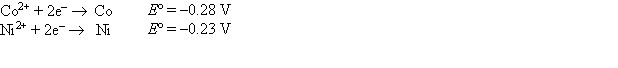 <strong>Consider an electrochemical cell that has a nickel electrode immersed in 1.0 M Ni<sup>2+</sup> and a platinum electrode immersed in 0.010 M Co<sup>2+</sup>. Calculate E for this cell.</strong> A) 0.51 V B) 0.56 V C) 0.05 V D) 0.11 V E) none of these