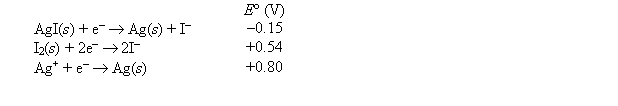 Calculate the solubility product of silver iodide at 25°C, given the following data:   A)  1.9 <font face= symbol ></font> 10<sup>-</sup><sup>4</sup> B)  8.4 <font face= symbol ></font> 10<sup>-</sup><sup>17</sup> C)  3.5 <font face= symbol ></font> 10<sup>-</sup><sup>20</sup> D)  2.9 <font face= symbol ></font> 10<sup>-</sup><sup>3</sup> E)  2.1 <font face= symbol ></font> 10<sup>-</sup><sup>12</sup> 