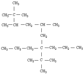 Name the following molecule.   A)  2,2,3,5-tetramethyl-7-propyl-7-t-butyldecane B)  6-propyl-2,6-di-t-butylnonane C)  2,2,5,7,8,8-hexamethyl-3,3-dipropylnonane D)  isonanane E)  none of these