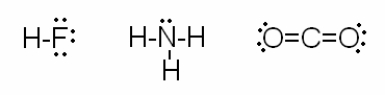 Consider the drawings below:   Which of the following statements are true? I. The electrons in each molecule tend to be attracted to the most electronegative element. II)  Each molecular drawing follows the localized electron model. III)  Both HF and CO<sub>2</sub> are linear molecules and therefore nonpolar. IV)  The bond angles of NH<sub>3</sub> are slightly less than 109.5<sup>o</sup> because the lone pair compresses the angles between the bonding pairs. A)  I, III, IV B)  I, II, IV C)  I, II, III D)  II, IV E)  All of the above statements (I - IV)  are correct.