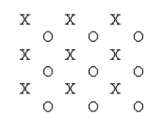 The unit cell in this two-dimensional crystal contains __________ Xs and __________ Os.   A)  1, 4 B)  1, 2 C)  2, 1 D)  1, 1 E)  4, 1