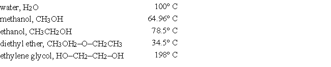 You are given the following boiling-point data:   Which one of these liquids would you expect to have the highest vapor pressure at room temperature? A)  diethyl ether, CH<sub>3</sub>OH<sub>2</sub>-O-CH<sub>2</sub>CH<sub>3</sub> B)  ethanol, CH<sub>3</sub>CH<sub>2</sub>OH C)  ethylene glycol, HO-CH<sub>2</sub>-CH<sub>2</sub>-OH D)  methanol, CH<sub>3</sub>OH E)  water, H<sub>2</sub>O