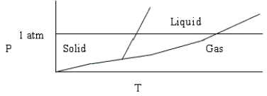 Choose the correct statement about the diagram below.   A)  The diagram could represent the phase diagram of CO<sub>2</sub>. B)  The diagram shows the triple point above 1 atm pressure. C)  The diagram is qualitatively correct for water. D)  The diagram shows that the melting point of the solid increases with increasing pressure. E)  None of these statements is correct.