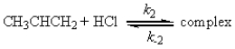 For the reaction CH<sub>3</sub>CHCH<sub>2</sub>(g) + HCl(g) → CH<sub>3</sub>CHClCH<sub>3</sub>(g) a possible mechanism is    Fast equilibrium        Fast equilibrium Complex + (HCl)<sub>2</sub>    CH<sub>3</sub>CHClCH<sub>3</sub> + 2HCl Slow Derive the rate law for this reaction using this mechanism.