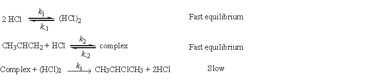 For the reaction CH<sub>3</sub>CHCH<sub>2</sub>(g) + HCl(g) → CH<sub>3</sub>CHClCH<sub>3</sub>(g) a possible mechanism is    Fast equilibrium        Fast equilibrium Complex + (HCl)<sub>2</sub>    CH<sub>3</sub>CHClCH<sub>3</sub> + 2HCl Slow Derive the rate law for this reaction using this mechanism.