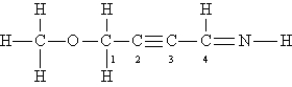 Consider the following Lewis structure. (Lone pairs are not drawn in.)    What are the hybridizations of the oxygen atom and of carbon atoms 1, 2, and 4, respectively (order: O C-1 C-2 C-4) ? A)  sp<sup>2</sup> sp<sup>3</sup> sp<sup>2</sup> sp<sup>3</sup> B)  sp sp<sup>3</sup> sp sp C)  sp<sup>3</sup> sp<sup>3</sup> sp sp<sup>2</sup> D)  sp sp<sup>2</sup> sp sp<sup>2</sup> E)  sp sp<sup>3</sup> sp<sup>2</sup> sp