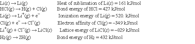 Given the following information:   calculate the net change in energy for the reaction 2Li(s)  + 2HCl(g)  → 2LiCl(s)  + H<sub>2</sub>(g)  A)  -179 kJ B)  362 kJ C)  -70. kJ D)  -572 kJ E)  None of these