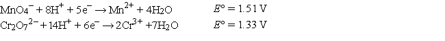 Refer to the galvanic cell below (the contents of each half-cell are written beneath each compartment) .   The standard reduction potentials are as follows:   -In the balanced cell reaction, what is the stoichiometric coefficient for H<sup>+</sup>? A)  5 B)  30 C)  22 D)  2 E)  6