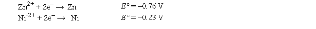 Determine the equilibrium constant at 25°C for the reaction Zn + Ni<sup>2+</sup> → Zn<sup>2+</sup> + Ni   A)  4.1 × 10<sup>3</sup> B)  9.3 × 10<sup>8</sup> C)  8.6 × 10<sup>17</sup> D)  6.4 × 10<sup>-6</sup> E)  none of these