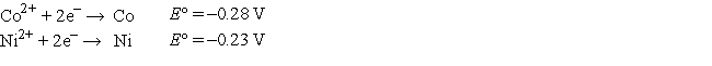 <strong>Consider an electrochemical cell that has a nickel electrode immersed in 1.0 M Ni<sup>2+</sup> and a platinum electrode immersed in 0.010 M Co<sup>2+</sup>. Calculate E for this cell.</strong> A) 0.51 V B) 0.56 V C) 0.05 V D) 0.11 V E) none of these