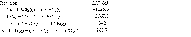 Use the following table:   Calculate ΔH° for the reaction P<sub>4</sub>O<sub>10</sub>(g)  + 6PCl<sub>5</sub>(g)  → 10Cl<sub>3</sub>PO(g)  A)  -610.1 kJ B)  -2682.2 kJ C)  -7555.0 kJ D)  -110.5 kJ E)  None of these is within 5% of the correct answer. 