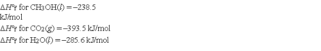The combustion of methanol takes place according to the reaction 2CH<sub>3</sub>OH(l)  + 3O<sub>2</sub>(g)  → 2CO<sub>2</sub>(g)  + 4H<sub>2</sub>O(l)  Calculate ΔH for the combustion of 1 mol of methanol under standard conditions. Use the following standard enthalpies of formation:   A)  -1452.4 kJ/mol B)  +1452.4 kJ/mol C)  -726.2 kJ/mol D)  +726.2 kJ/mol E)  none of these