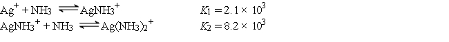 Consider a solution made by mixing 500.0 mL of 4.0 M NH<sub>3</sub> and 500.0 mL of 0.40 M AgNO<sub>3</sub>. Ag<sup>+</sup> reacts with NH<sub>3</sub> to form AgNH<sub>3</sub><sup>+</sup> and Ag(NH<sub>3</sub>) <sub>2</sub><sup>+</sup>:   The concentration of Ag<sup>+</sup> at equilibrium is A)  2.0 M. B)  4.5 × 10<sup>-9</sup> M. C)  1.2 × 10<sup>-8</sup> M. D)  1.6 M. E)  none of these