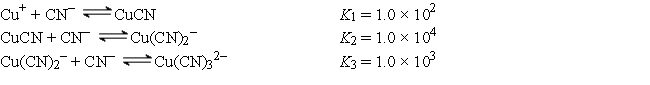 A solution is formed by mixing 50.0 mL of 10.00 M NaCN with 50.0 mL of 2.0 × 10<sup>-3</sup> M CuNO<sub>3</sub>. Cu(I)  forms complex ions with cyanide as follows:   Calculate the following concentrations at equilibrium: -[Cu(CN) <sub>3</sub><sup>2-</sup>] A)  3.33 M B)  1.67 M C)  2.0 × 10<sup>-3</sup> M D)  1.0 × 10<sup>-3</sup> M E)  none of these