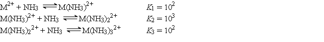 The cation M<sup>2+</sup> reacts with NH<sub>3</sub> to form a series of complex ions as follows:    Consider an experiment in which 1.0 × 10<sup>-3</sup> mol of M(NO<sub>3</sub>)<sub>2</sub> is added to 1.0 L of 15.0 M NH<sub>3</sub>. Calculate the equilibrium concentrations of M<sup>2+</sup>, M(NH<sub>3</sub>)<sub>2</sub><sup>2+</sup>, and M(NH<sub>3</sub>)<sub>3</sub><sup>2+</sup>