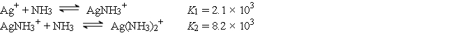The Ag<sup>+</sup> ion reacts with NH<sub>3</sub> to form the following complex ions:    AgCl (K<sub>sp</sub> = 1.6 × 10<sup>-10</sup>) is dissolved to its solubility limit in 10.0 M NH<sub>3</sub>. Calculate the equilibrium concentrations of Ag<sup>+</sup>, Cl<sup>-</sup>, Ag(NH<sub>3</sub>)<sub>2</sub><sup>+</sup>, and NH<sub>3</sub>.