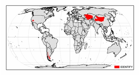 The climate zone shown on the map below is   A)  cold midlatitude steppe. B)  Mediterranean dry summer. C)  hot low-latitude desert. D)  cold midlatitude desert. E)  hot low-latitude steppe.