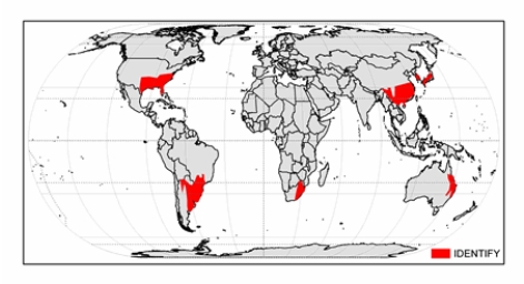 The climate zone shown on the map below is   A)  marine west coast. B)  humid subtropical hot-summer. C)  Mediterranean dry-summer. D)  humid continental hot-summer. E)  subarctic.