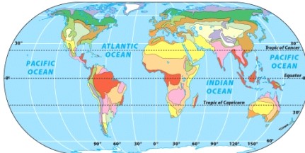 The biome shaded in pink on the map is   A)  tropical savanna. B)  boreal forest. C)  hot and dry desert. D)  tropical rainforest. E)  tropical deciduous forest and scrub.