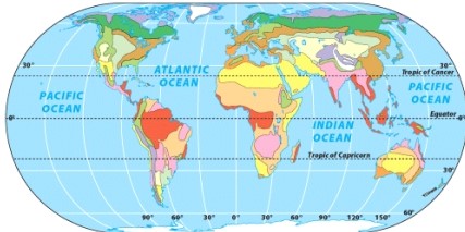 The biome shaded in yellow on the map is   A)  midlatitude deciduous forest. B)  midlatitude coniferous forest. C)  boreal forest. D)  midlatitude grassland. E)  hot and dry desert.