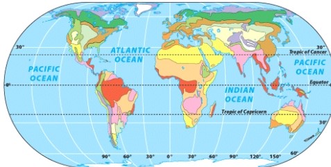 The biome shaded in white on the map is   A)  tundra. B)  tropical rainforest. C)  arctic and alpine ice. D)  semi-arid and cold desert. E)  boreal forest.