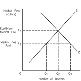   -Refer to Exhibit 3-15.In Exhibit 3-15, A)  there is a shortage of doctors at fee F<sub>1</sub>. B)  there is a surplus of doctors at fee F<sub>1</sub>. C)  Q<sub>3</sub> doctors are employed at fee F<sub>1</sub>. D)  Q<sub>2</sub> doctors are employed at fee F<sub>1</sub>. E)  both a and c