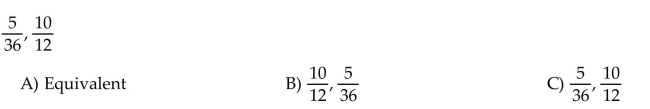 Arrange the fractions in ascending order. Or, if the fractions are equivalent, answer Equivalent.