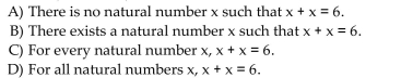 Use a quantifier to make the following true or false, as indicated, where x is a natural number. x + x = 6 (make true)