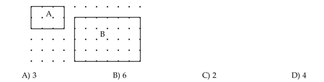 Find the area if the distance between two adjacent dots in a row or column is one unit. What is the scale factor from rectangle A to rectangle B?