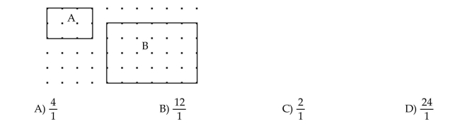 Find the area if the distance between two adjacent dots in a row or column is one unit. What is the ratio of the area of rectangle B to the area of rectangle A.