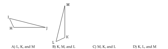 Provide an appropriate response. The two triangles shown below are congruent. The vertices corresponding to H, I, and J (in order) are .
