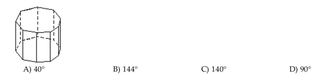 Find the measure of the dihedral angle indicated. The figure shown is a right prism whose bases are regular nonagons. Find the measure of the dihedral angle between each lateral face and a base.