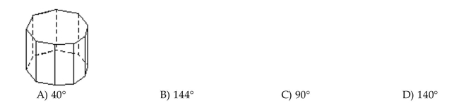 Find the measure of the dihedral angle indicated. The figure shown is a right prism whose bases are regular nonagons. Find the measure of the dihedral angle between adjacent lateral faces.