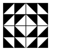 Determine the types of symmetry that the quilt pattern below has (line, turn, point) , if any. -  A) This quilt square has 2 lines of symmetry and 180° turn symmetry. B) This quilt square has 4 lines of symmetry, 90°, 180°, and 270° turn symmetry, and pointsymmetry. C) This quilt square has 2 lines of symmetry. D) This quilt square has no symmetry.
