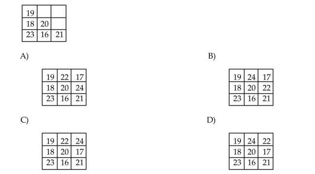 Complete the magic (addition)square. Use each number 16, 17, 18, 19, 20, 21, 22, 23, and 24 once.
