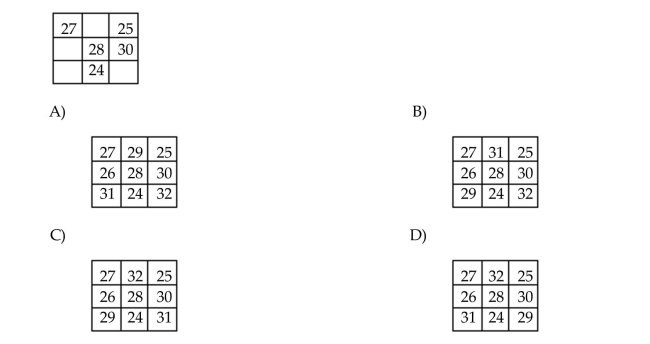 Complete the magic (addition)square. Use each number 24, 25, 26, 27, 28, 29, 30, 31, and 32 once.