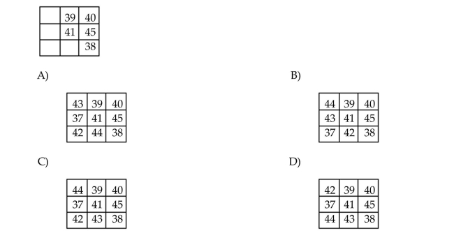 Complete the magic (addition)square. Use each number 37, 38, 39, 40, 41, 42, 43, 44, and 45 once.