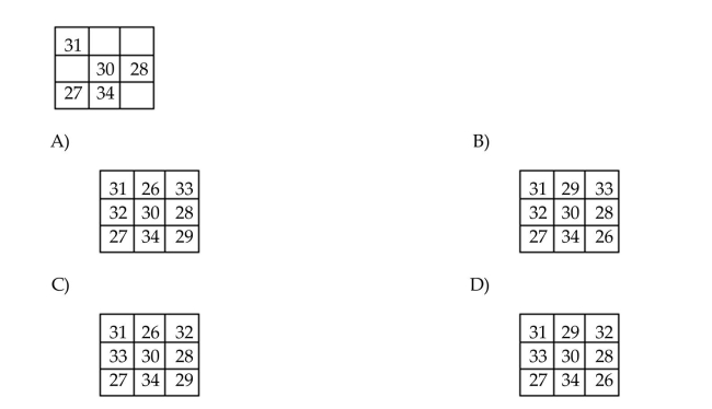 Complete the magic (addition)square. Use each number 26, 27, 28, 29, 30, 31, 32, 33, and 34 once.