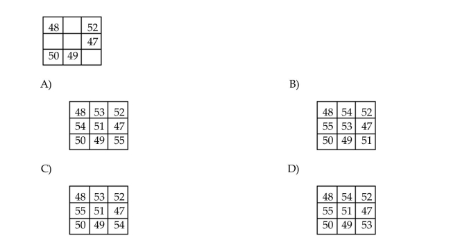 Complete the magic (addition)square. Use each number 47, 48, 49, 50, 51, 52, 53, 54, and 55 once.