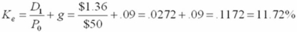 Saven Travel Corporation is considering several investment opportunities in order to diversify its operations. Mr. Saven, president, is trying to determine the firm's cost of capital before he makes a decision. This diversification plan will require the firm to raise $400 million. A share of common stock is currently selling for $50, and the amount of the last dividend paid was $1.25. The company's earnings and dividends have been growing at about 12%, however, this is expected to drop to 9% per year in the future. Flotation costs of new common will be $4.00 per share. The firm can raise $150 million internally through retained earnings. The firm's investment dealer has informed Mr. Saven that this amount of equity can support $100 million in 12% coupon bonds. The company's tax rate is 46%. A) Compute the weighted average cost of capital on the first $250 million of funds. B) Saven Travel will need to raise $150 of additional capital for expansion. How much of this will be debt and equity? C) Compute the marginal cost of capital on the additional $150 million assuming the cost of debt stays the same. Kd = 12% (1 ?.46) = 0.0648 = 6.48%       WEIGHTS:    