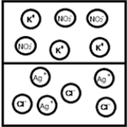 Suppose aqueous solutions of silver(I) nitrate and potassium chloride are mixed.Which represents the likely result? A)    B)    C)    D)   